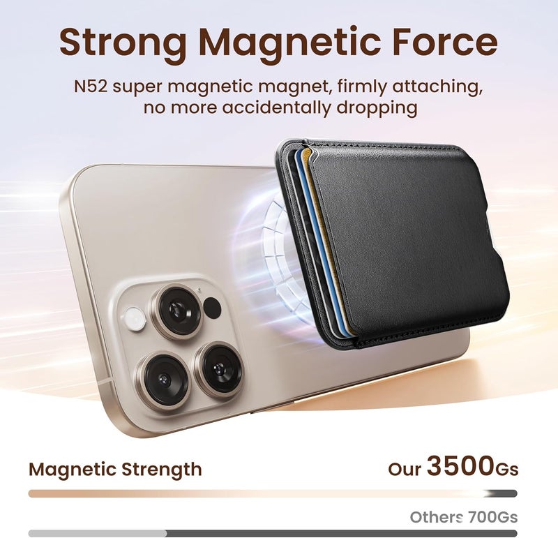 SOUNDBYTE Stronger Magnetic Wallet for iPhone 17/16/15/14/13/12 Series & for MagSafe Cases | N52 Magnet RFID Blocking Leather Magnetic Card Holder with Powerful Magnets | Holds 3 Cards | Black - Image 2